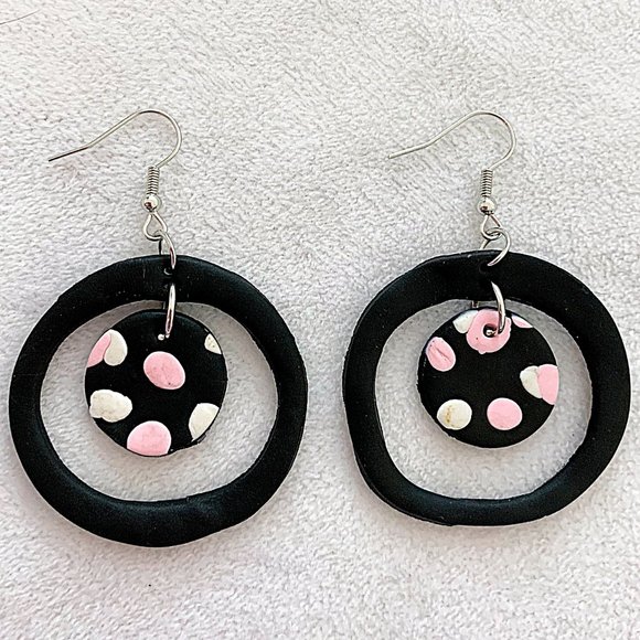 Polka Dot Hollow-Out Round Polymer Clay Dangle Drop Earrings - Picture 2 of 6
